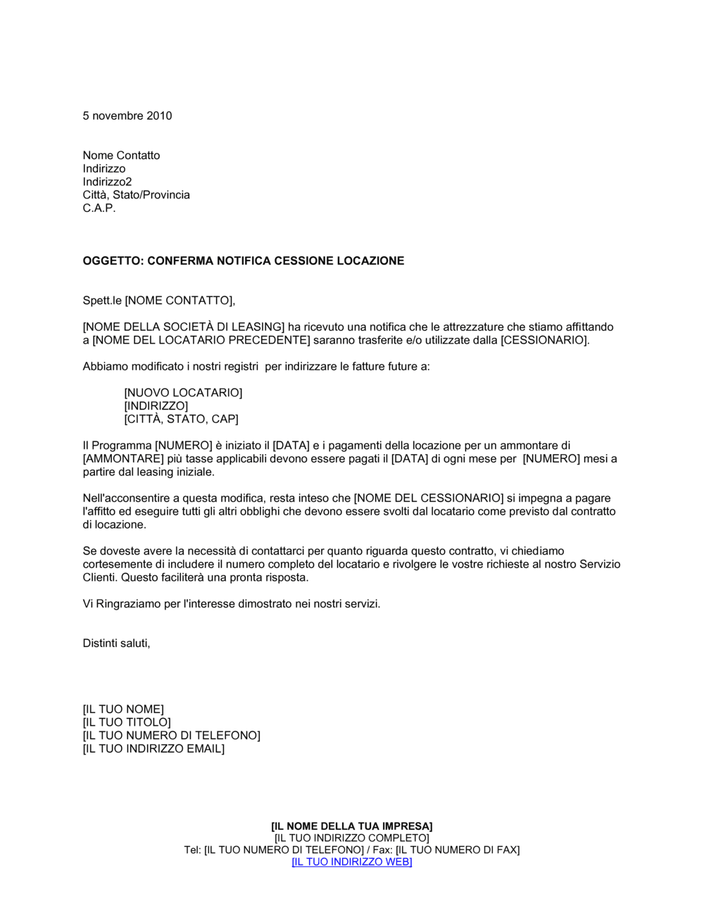 Business-in-a-Box's Conferma notifica cessione locazione