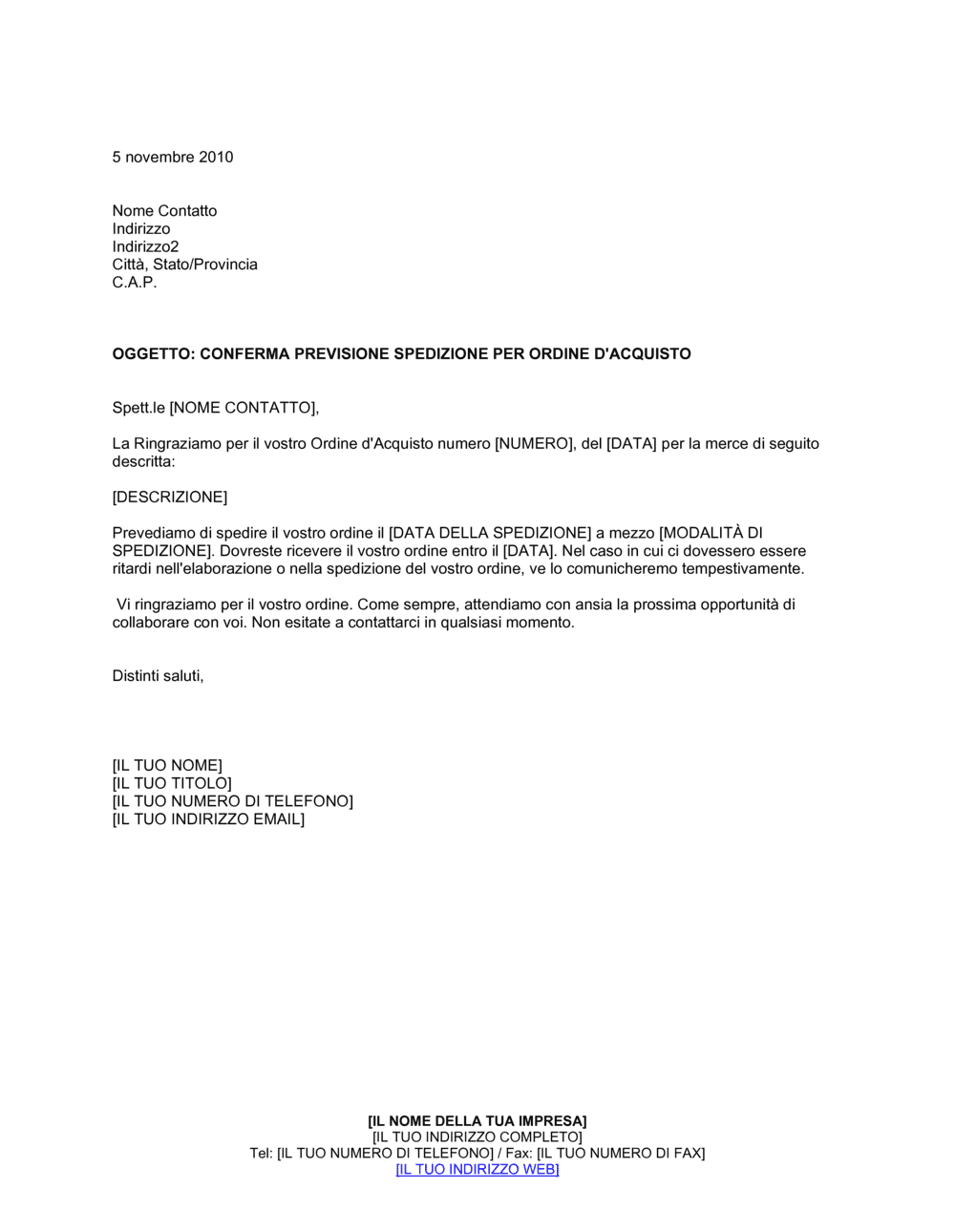 Business-in-a-Box's Conferma previsione spedizione per ordine d'acquisto