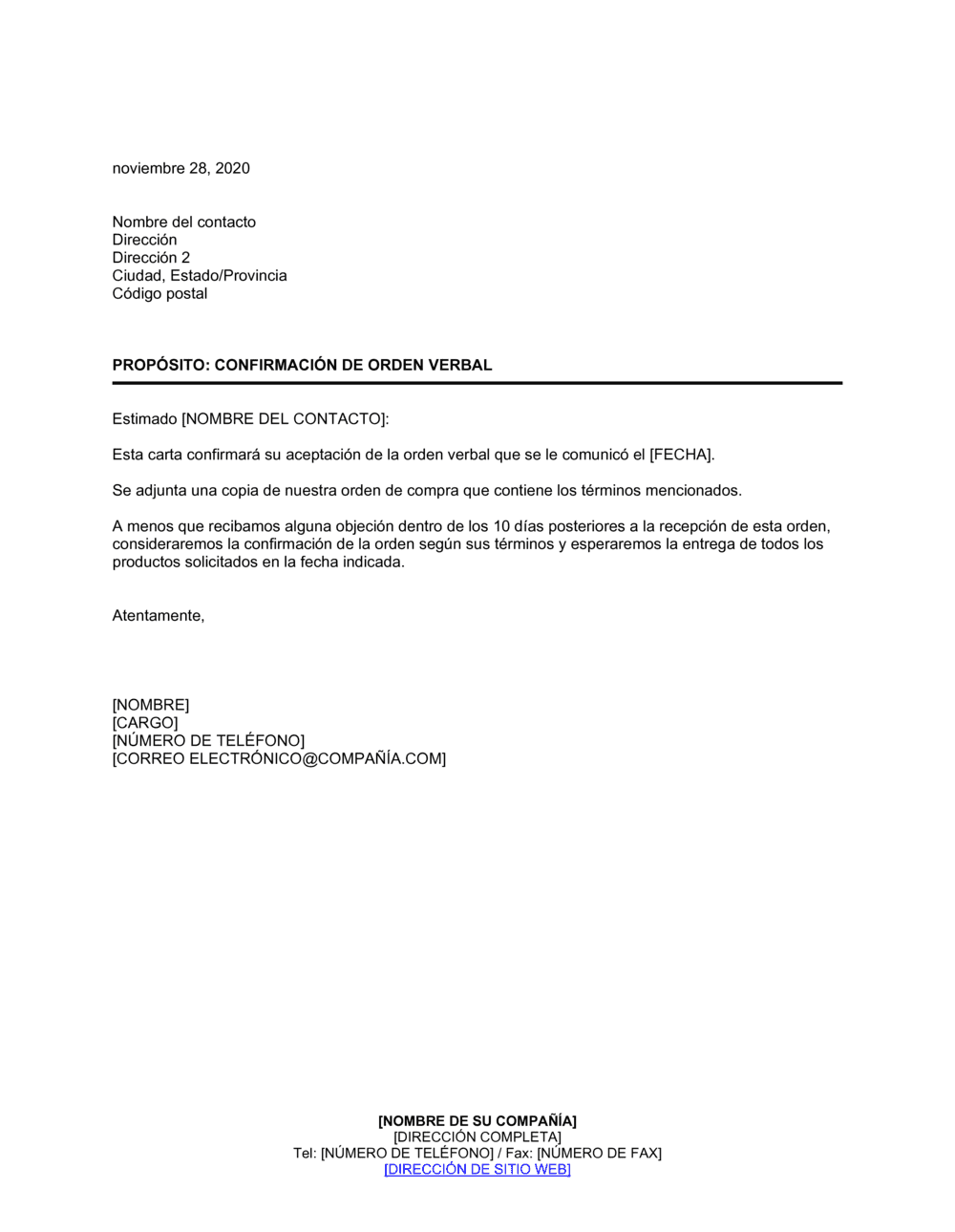 Business-in-a-Box's Confirmación de pedido verbal
