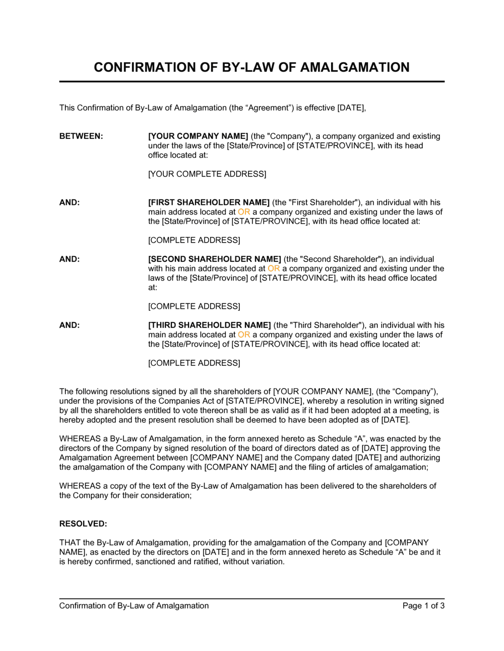 Business-in-a-Box's Confirmation of By-Law of Amalgamation Template