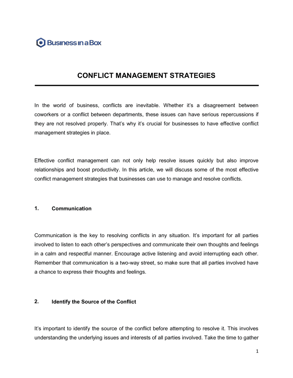 Business-in-a-Box's Conflict Management Strategies Template