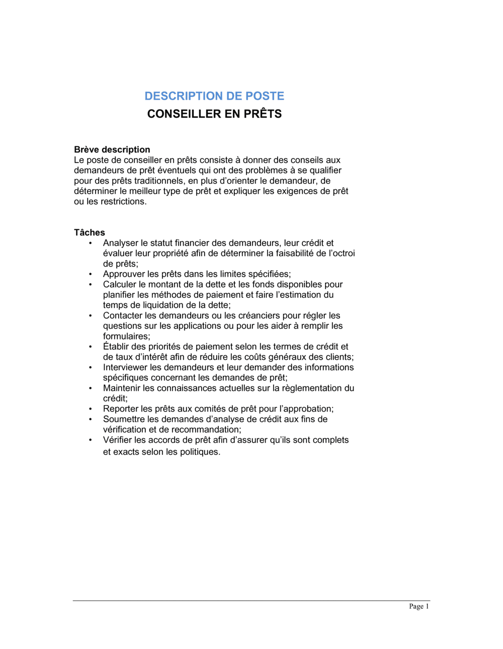 Business-in-a-Box's Conseiller en prêts Description de poste