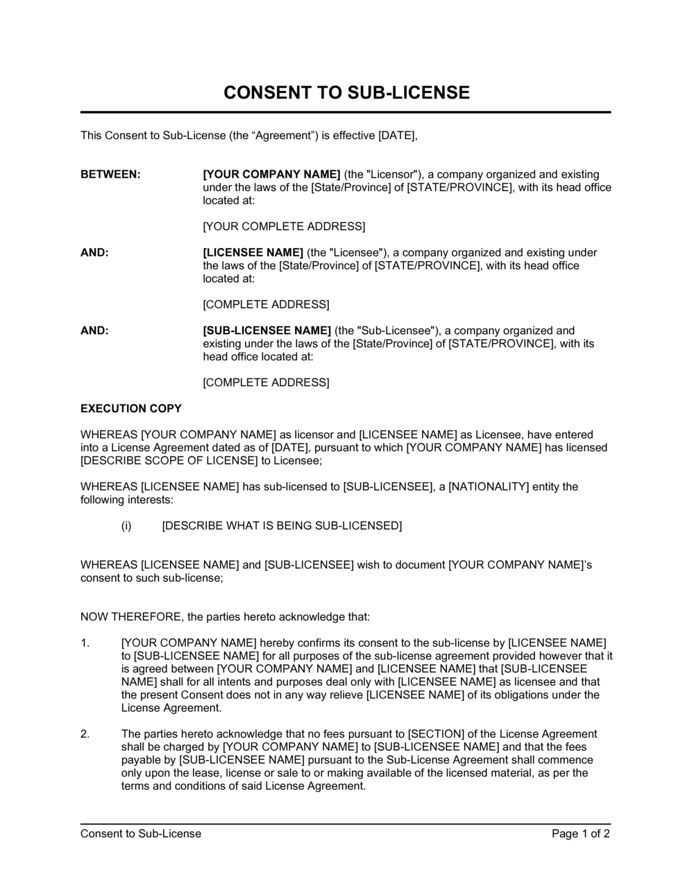 Business-in-a-Box's Consent to Sub-License Template