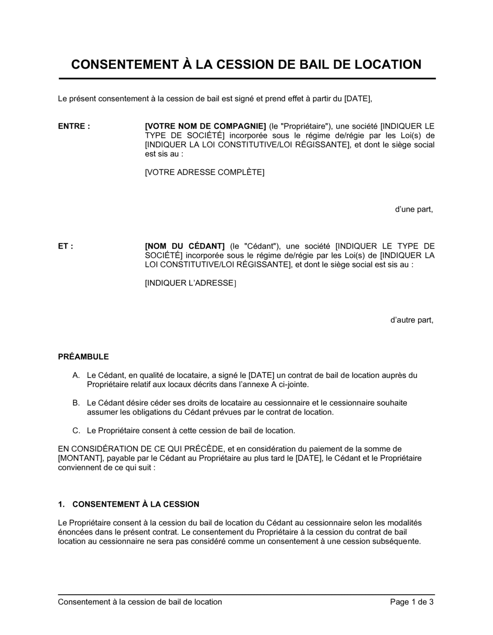 Business-in-a-Box's Consentement à la cession de bail de location