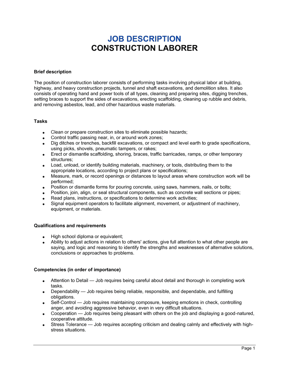 Construction Laborer Job Description Template By Business in a Box 