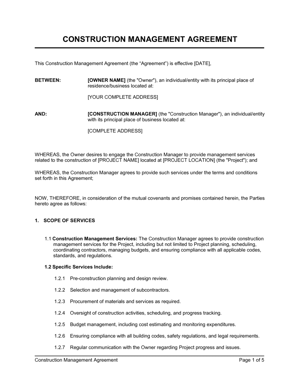 Business-in-a-Box's Construction Management Agreement Template