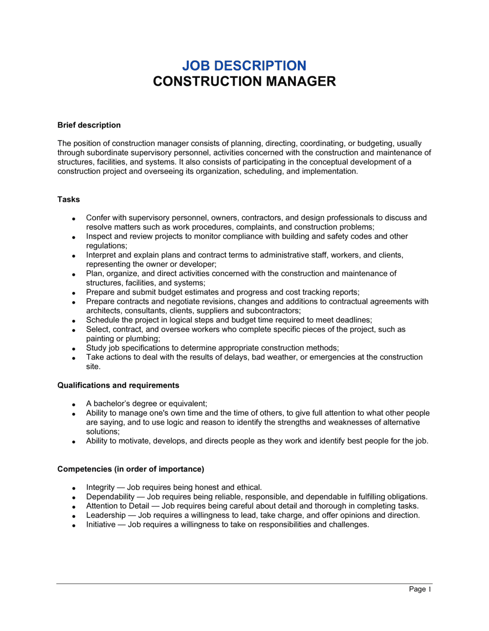 Construction Manager Job Description Template By Business in a Box 