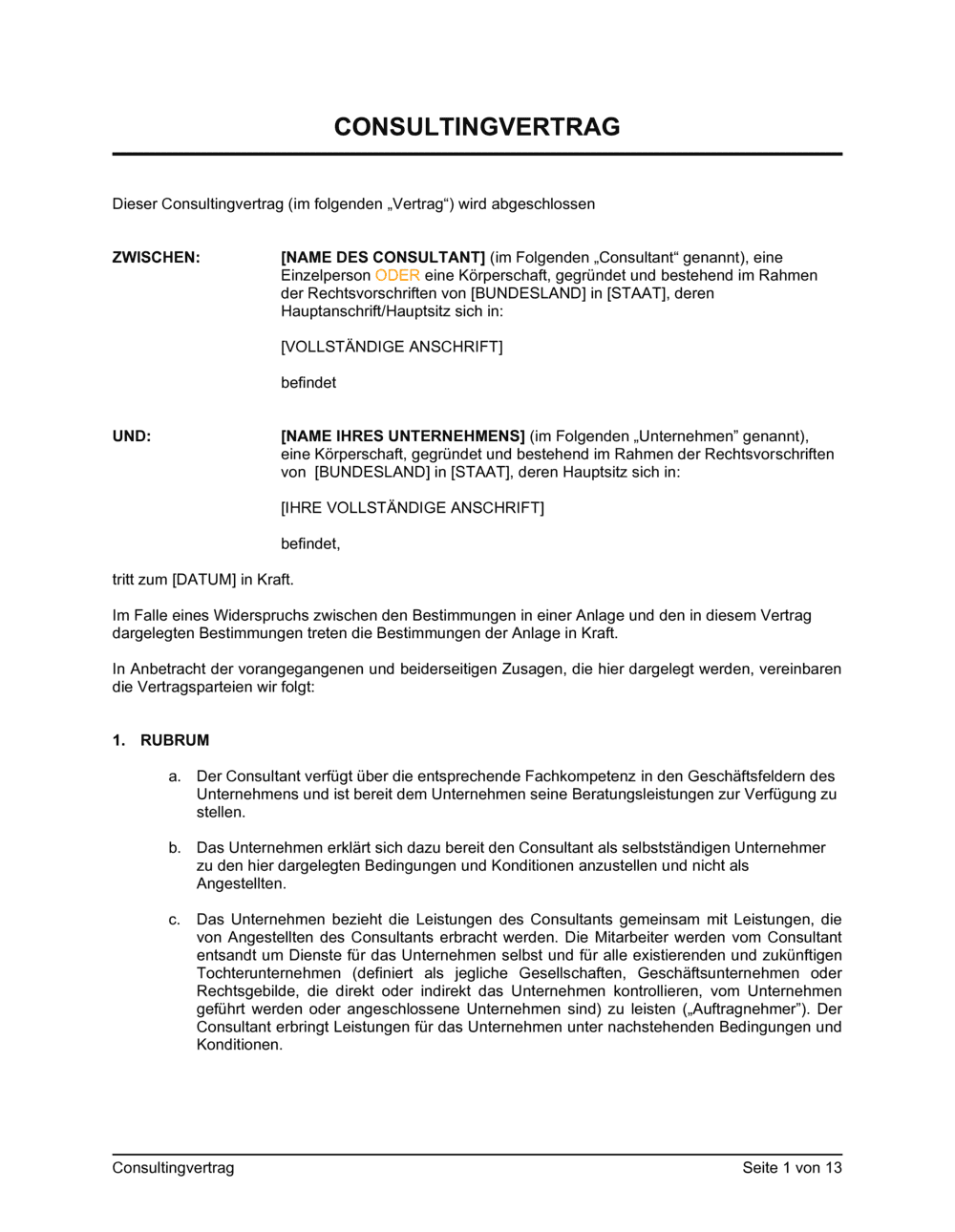 Business-in-a-Box's Consultingvertrag - Lang