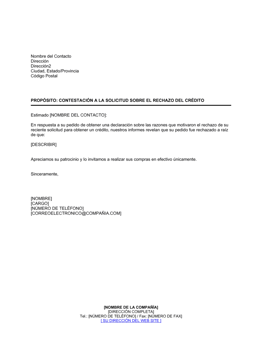 Business-in-a-Box's Contestación a la solicitud sobre el rechazo del crédito