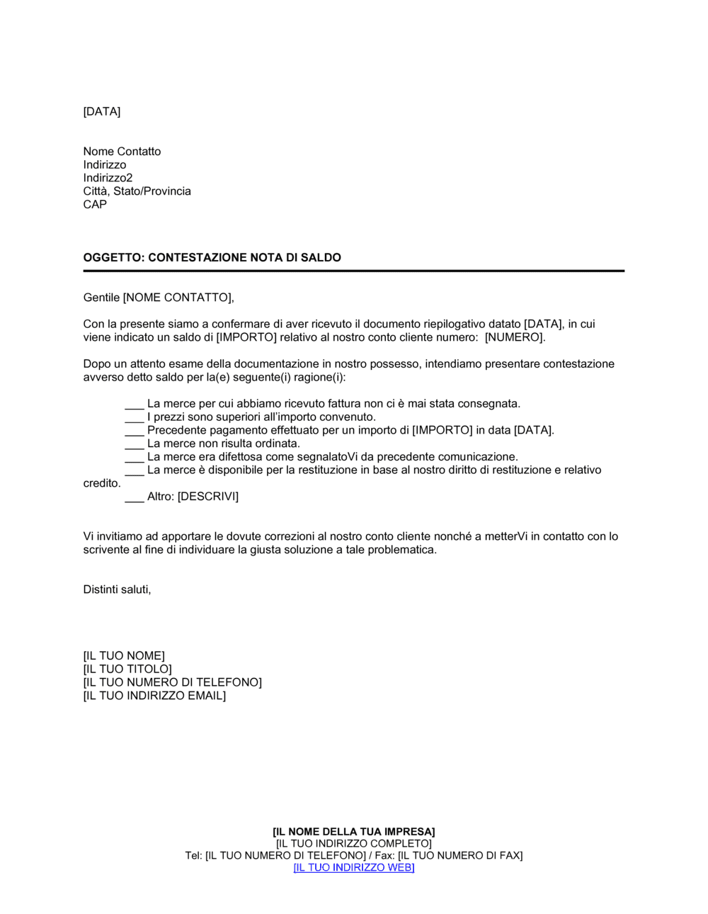 Business-in-a-Box's Contestazione nota di saldo