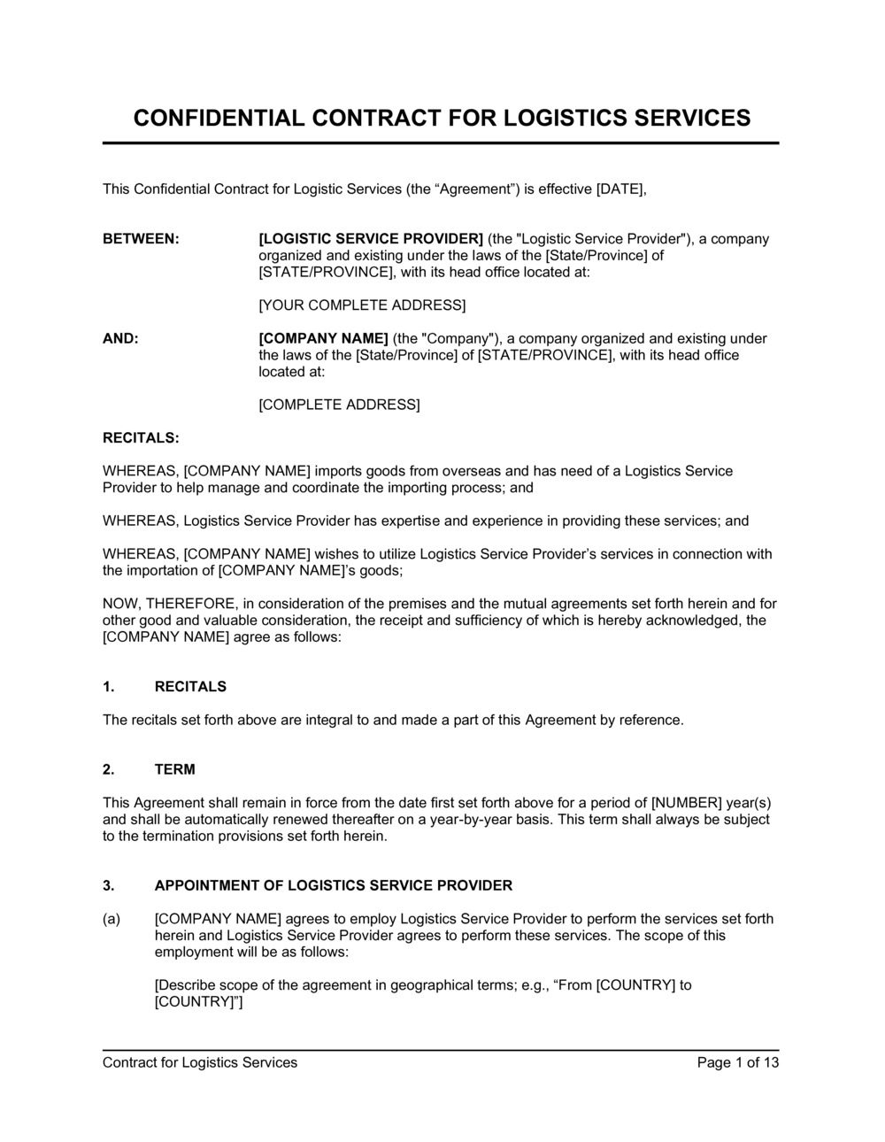 Transportation Service Agreement Contract Template Transport