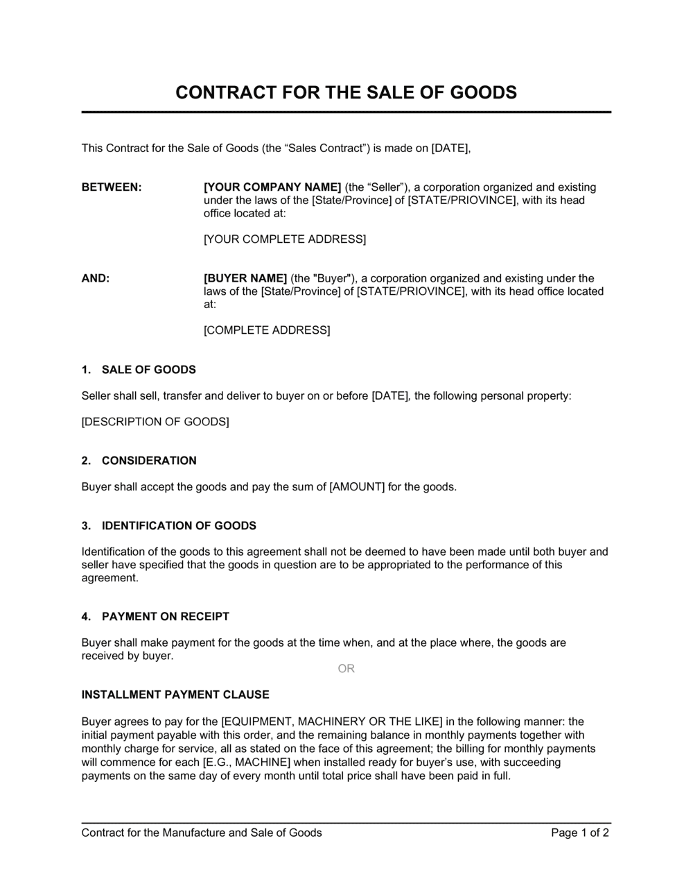 Contract for the Sale of Goods Template  by Business-in-a-Box™ Throughout credit purchase agreement template