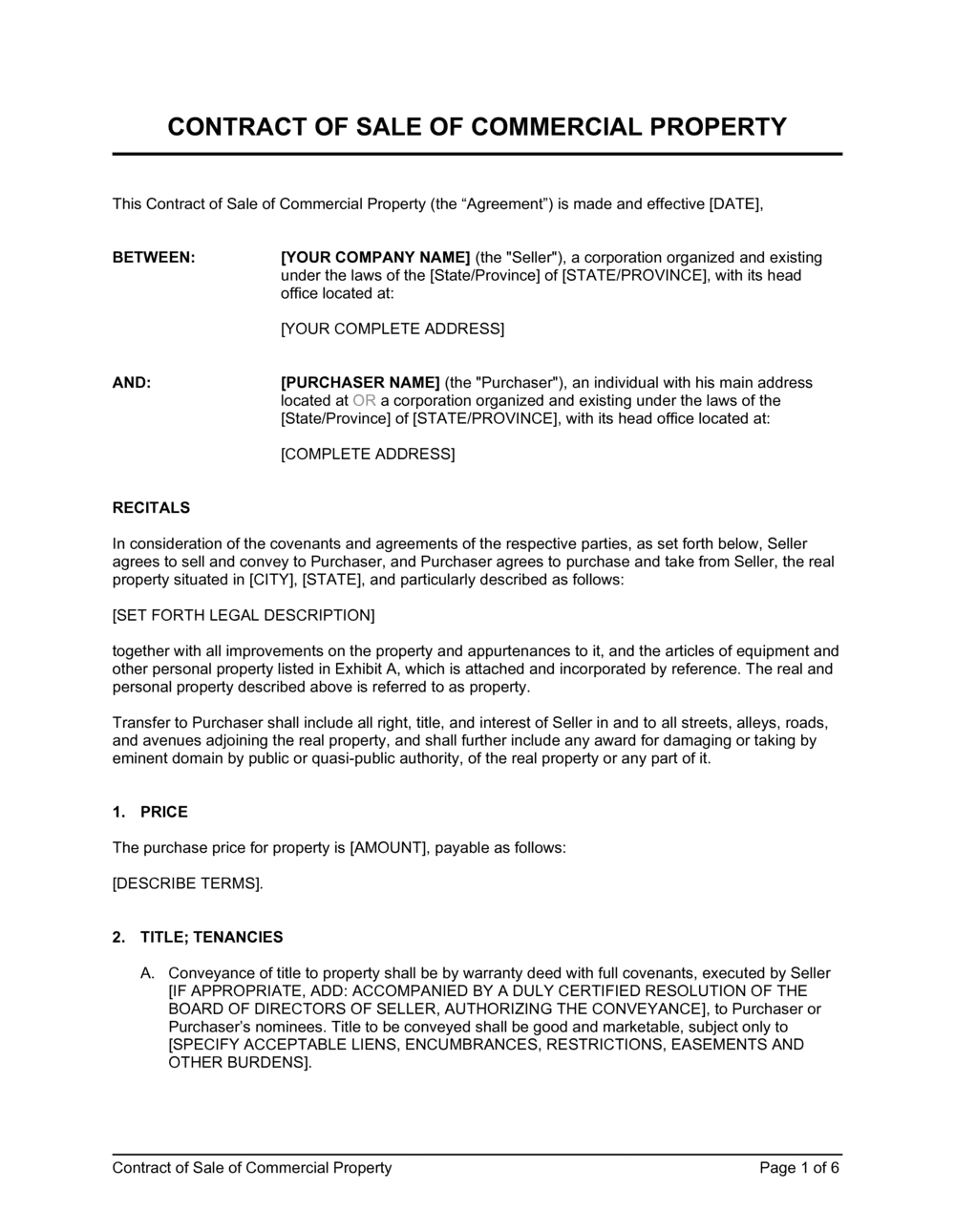 Contract of Sale of Commercial Property Template  by Business-in Within free commercial property management agreement template