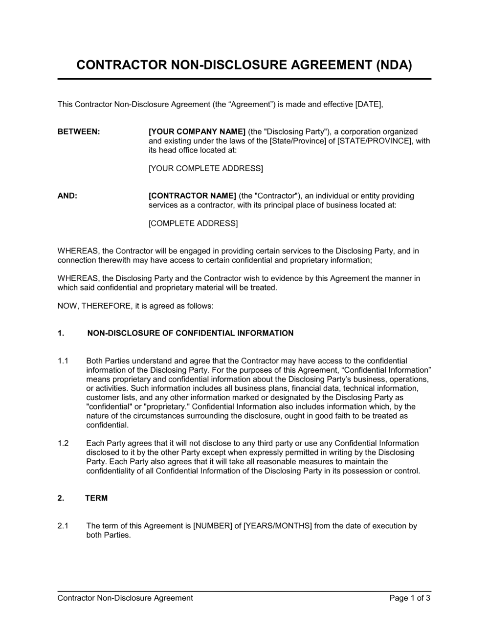 Business-in-a-Box's Contractor Non-Disclosure Agreement (NDA) Template