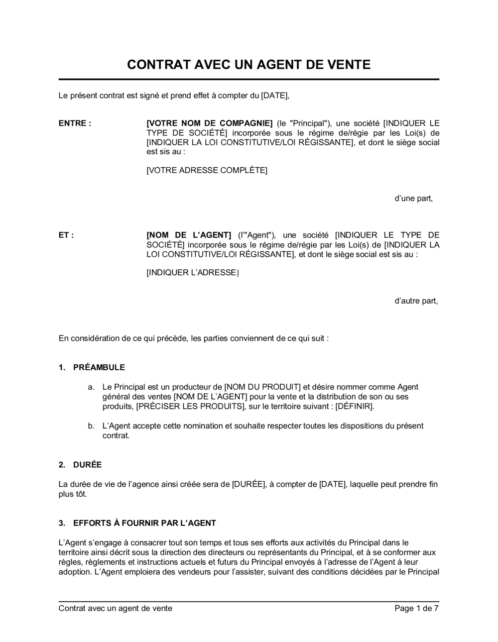 Business-in-a-Box's Contrat avec un agent de vente