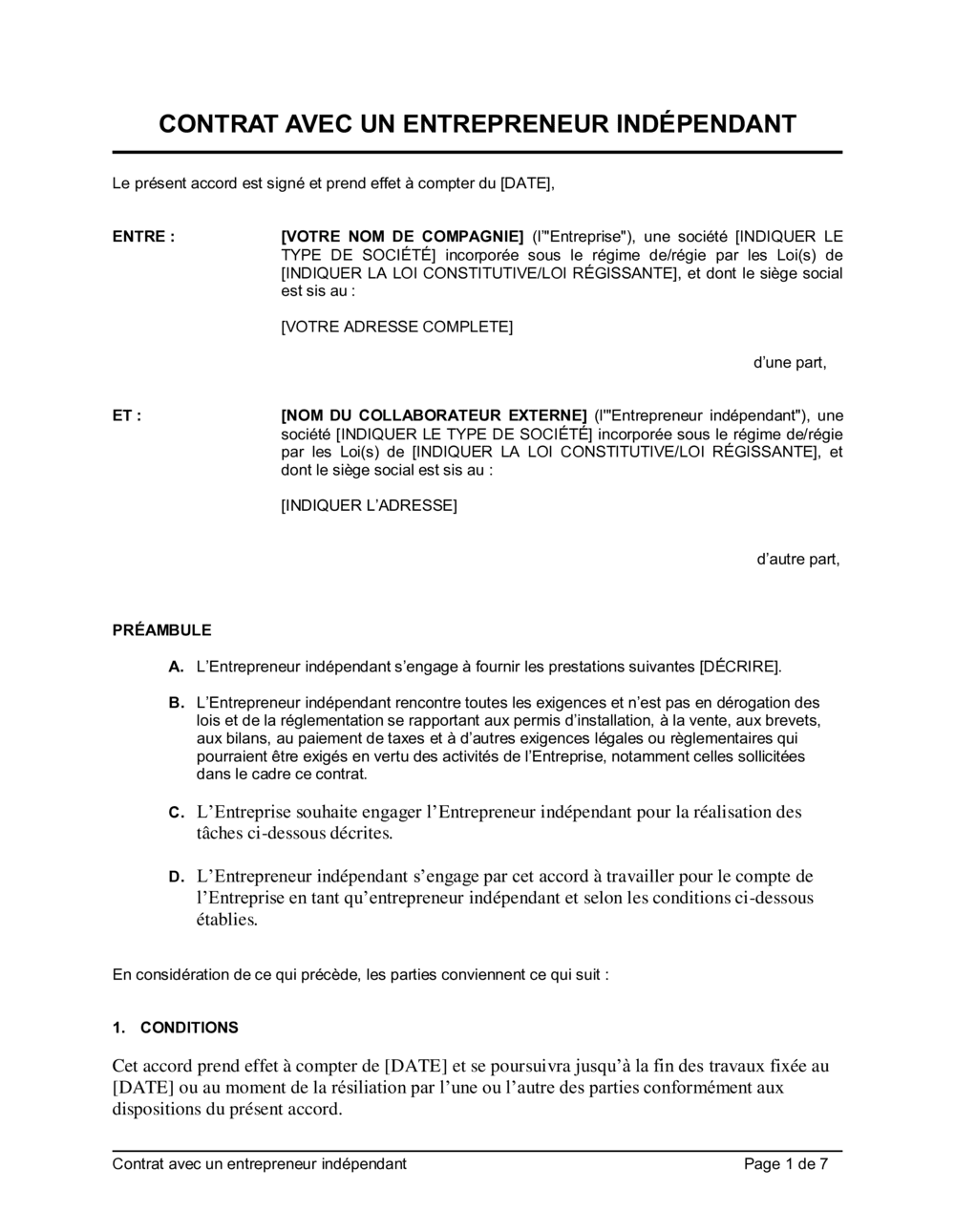 Business-in-a-Box's Contrat avec un entrepreneur indépendant