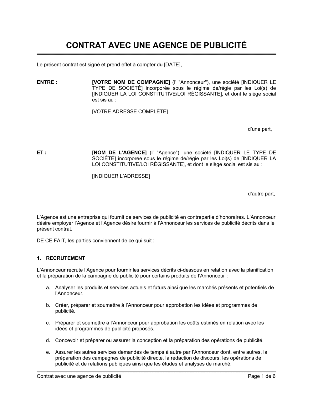 Business-in-a-Box's Contrat avec une agence de publicité