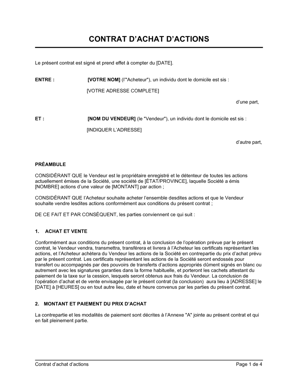 Business-in-a-Box's Contrat d'achat d'actions