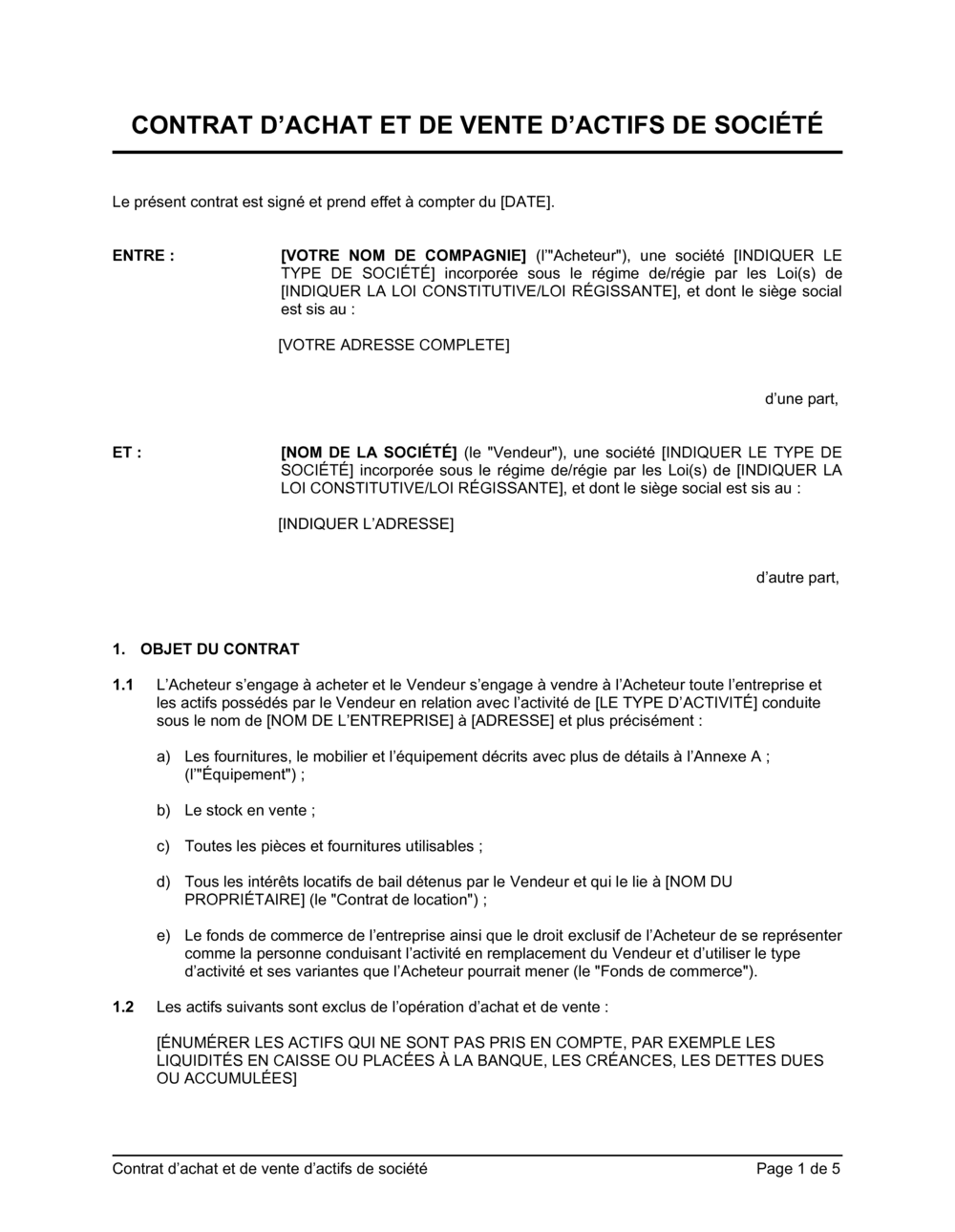 Business-in-a-Box's Contrat d'achat et de vente d'actifs de société