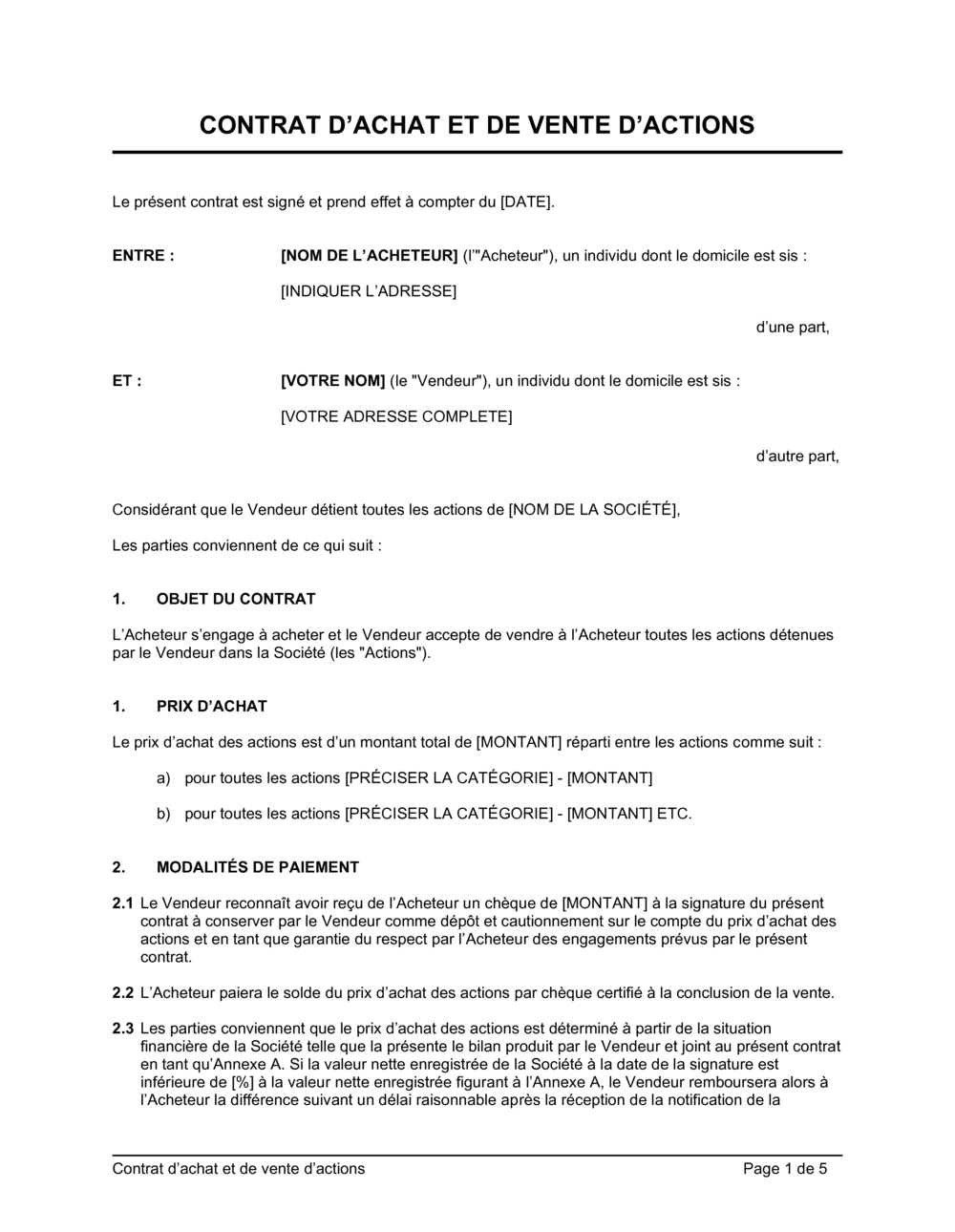 Business-in-a-Box's Contrat d'achat et de vente d'actions