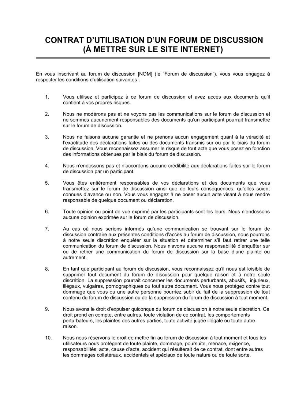 Business-in-a-Box's Contrat d'utilisation d'un forum