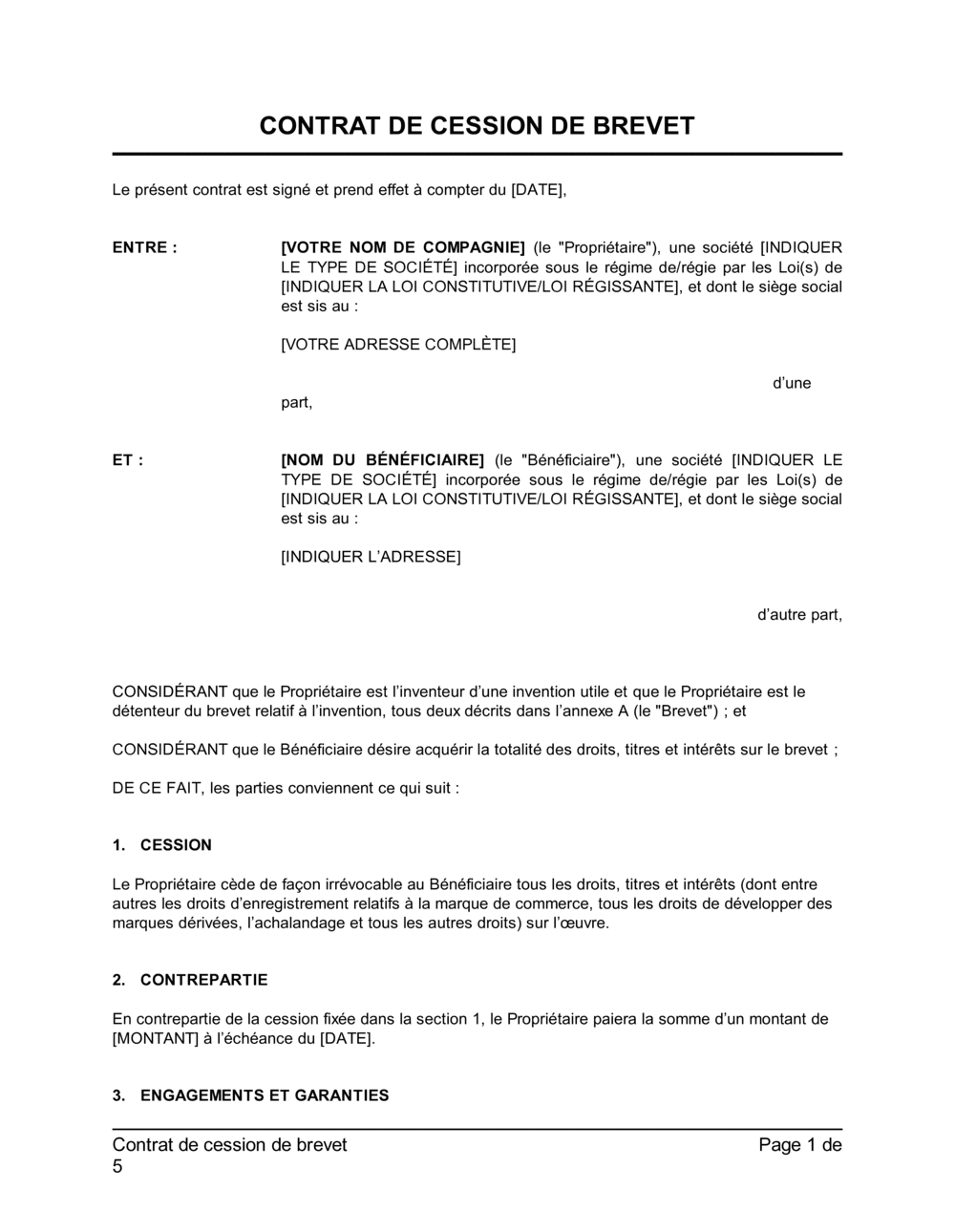 Business-in-a-Box's Contrat de cession de brevet