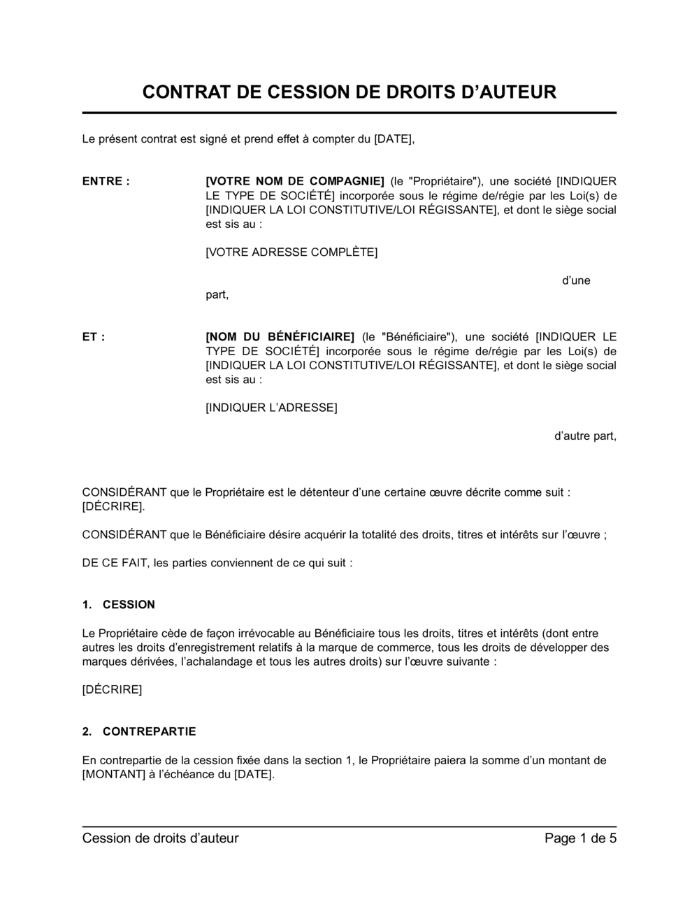 Business-in-a-Box's Contrat de cession de droits d'auteur