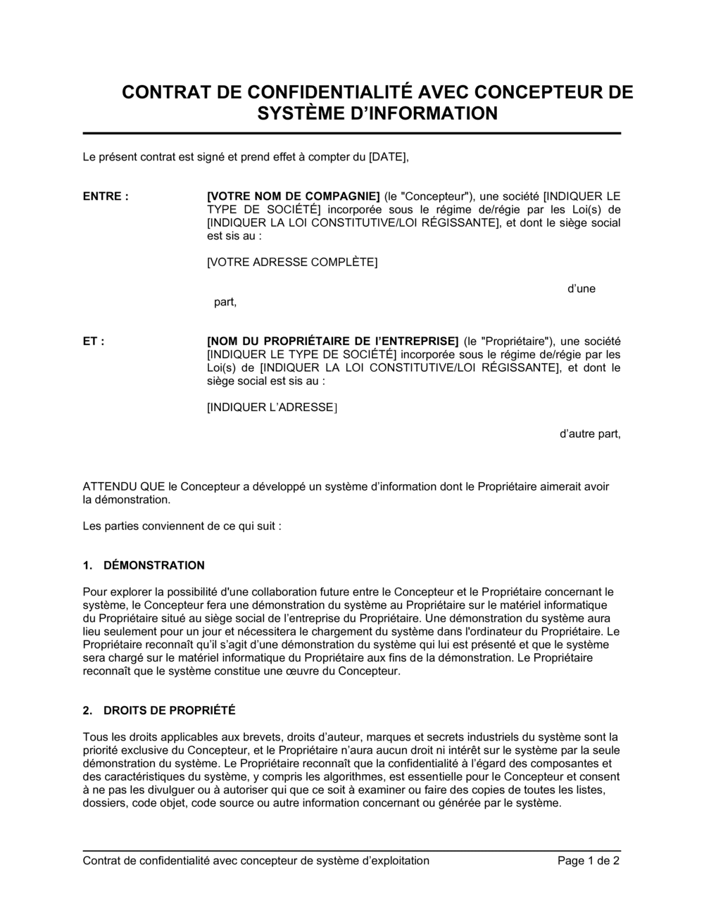 Business-in-a-Box's Contrat de confidentialité avec concepteur de système d'information