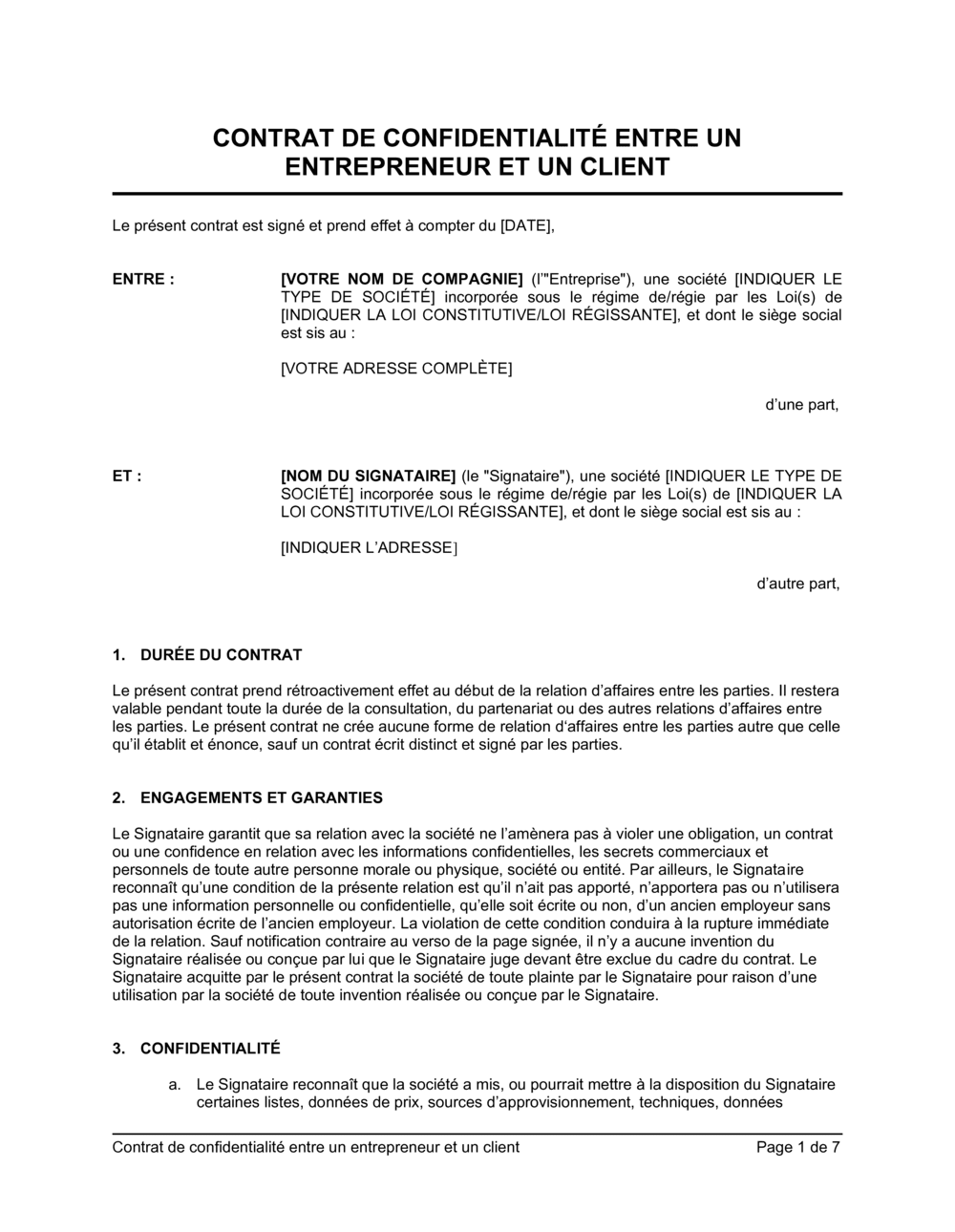 Business-in-a-Box's Contrat de confidentialité entre un client et un entepreneur