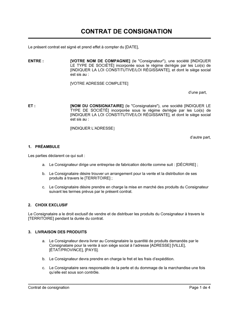 Business-in-a-Box's Contrat de consignation