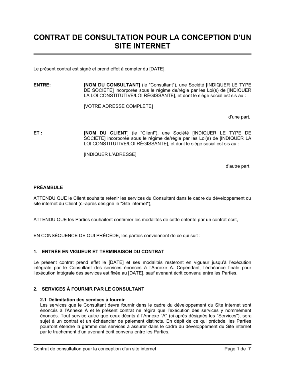 Business-in-a-Box's Contrat de consultation pour la conception d'un site internet