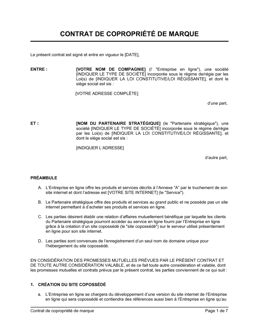 Business-in-a-Box's Contrat de copropriété de marque