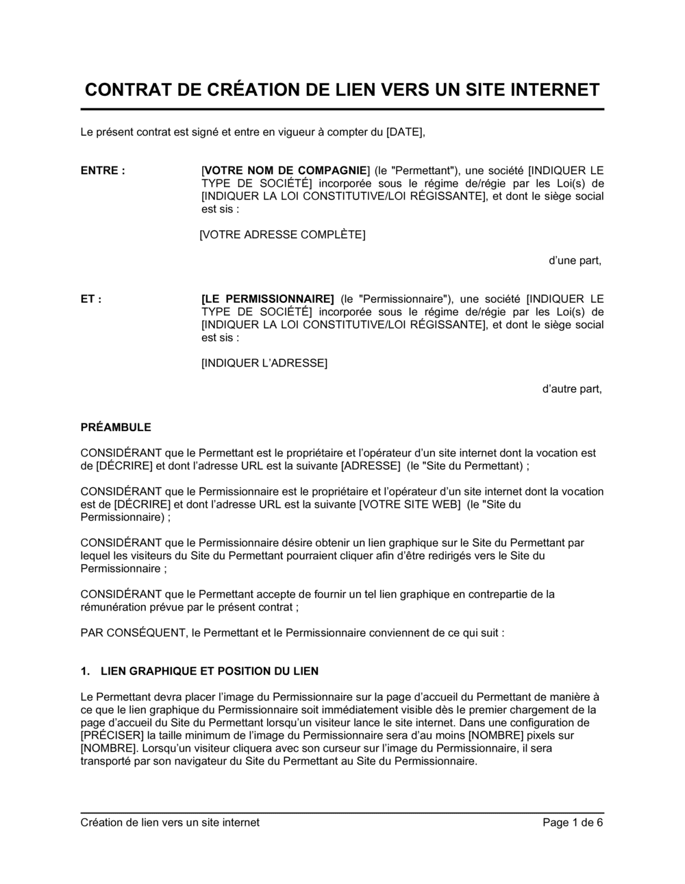 Business-in-a-Box's Contrat de création de lien vers un site internet