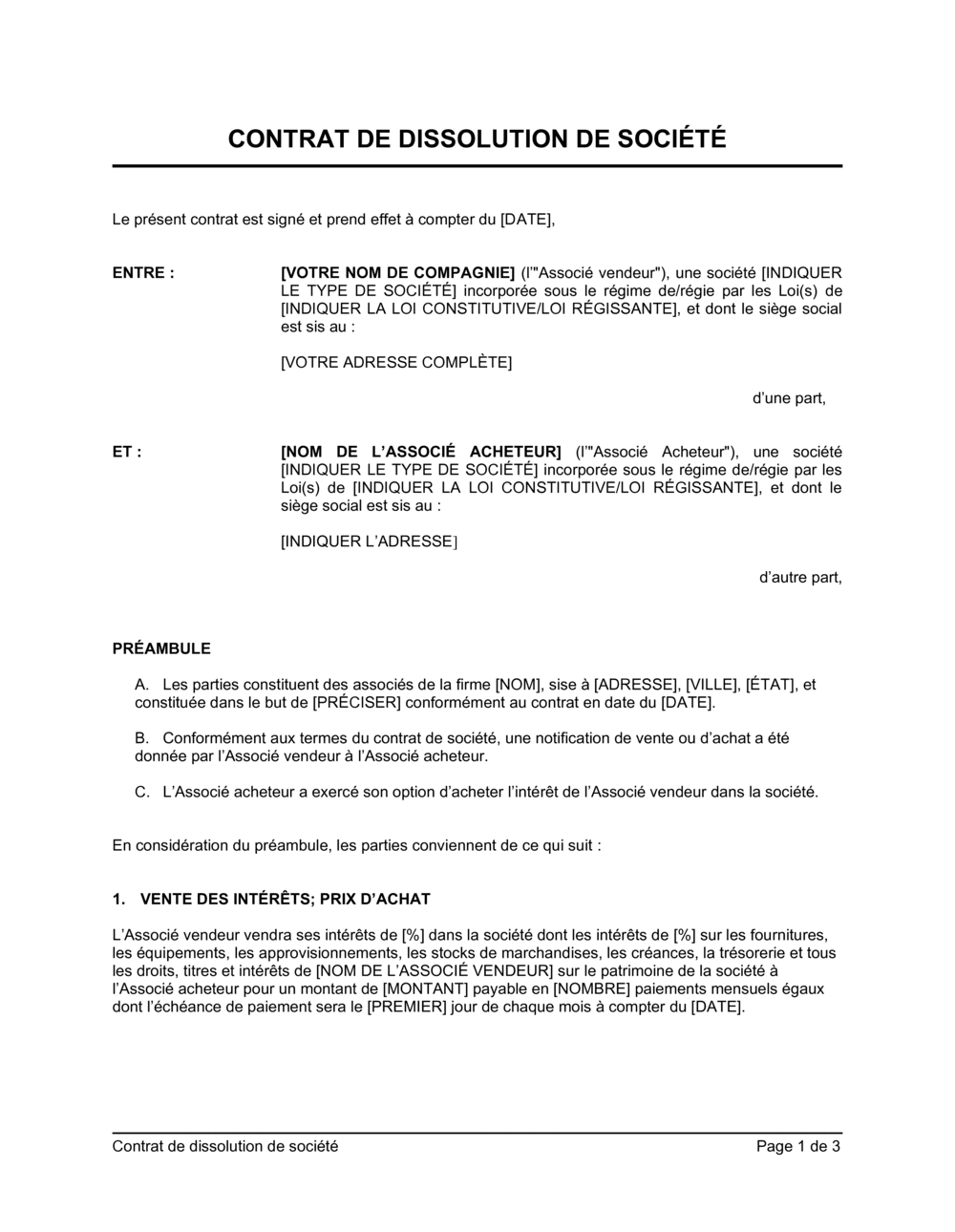 Business-in-a-Box's Contrat de dissolution de société