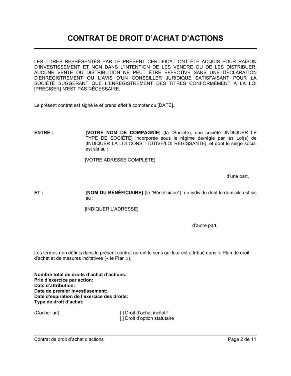 Business-in-a-Box's Contrat de droit d'achat d'actions