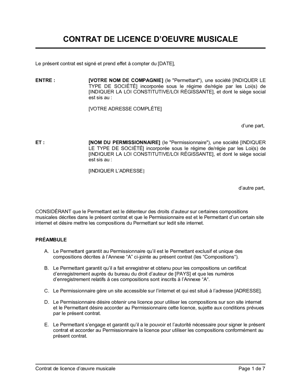 Business-in-a-Box's Contrat de licence d'oeuvre musicale