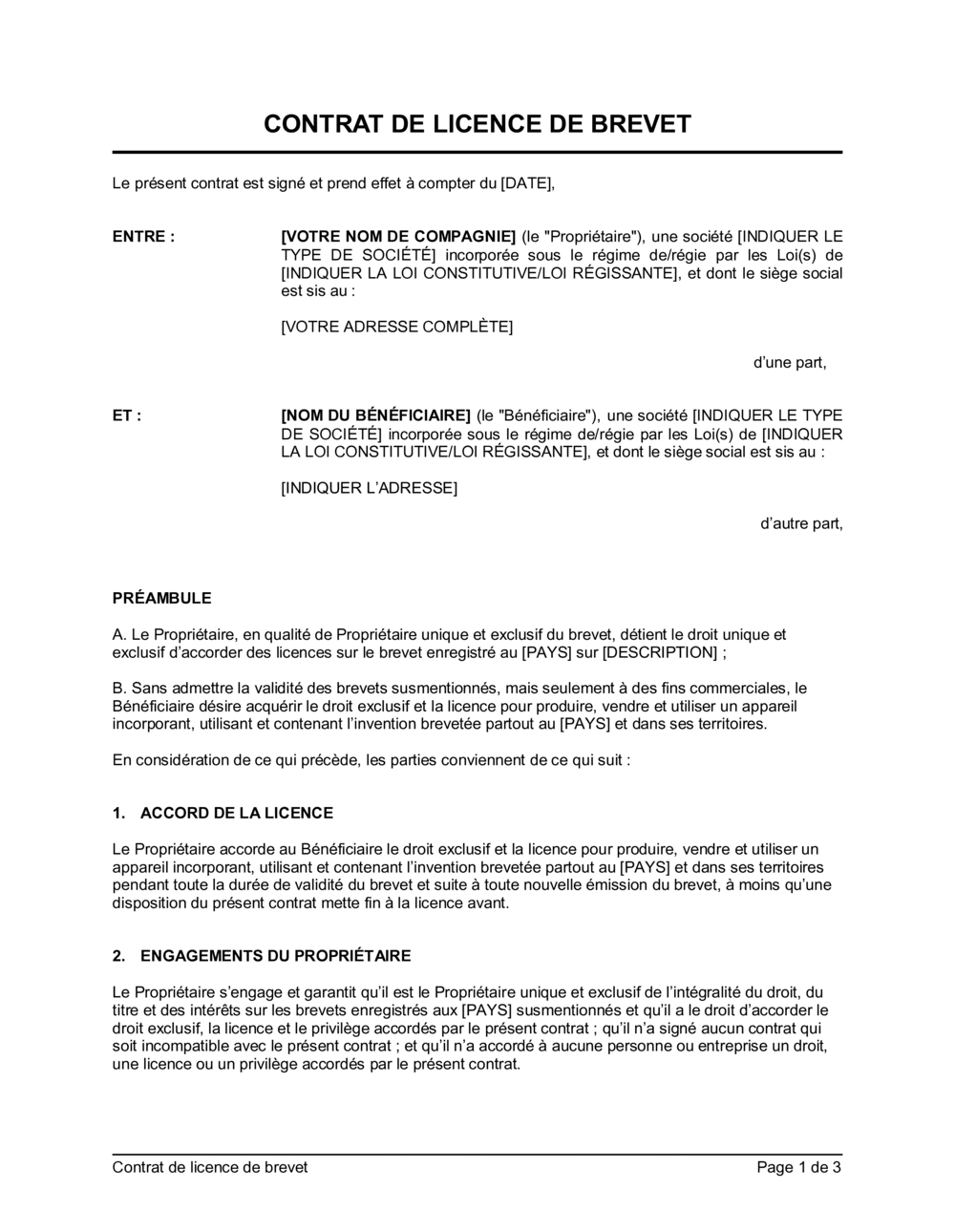 Business-in-a-Box's Contrat de licence de brevet