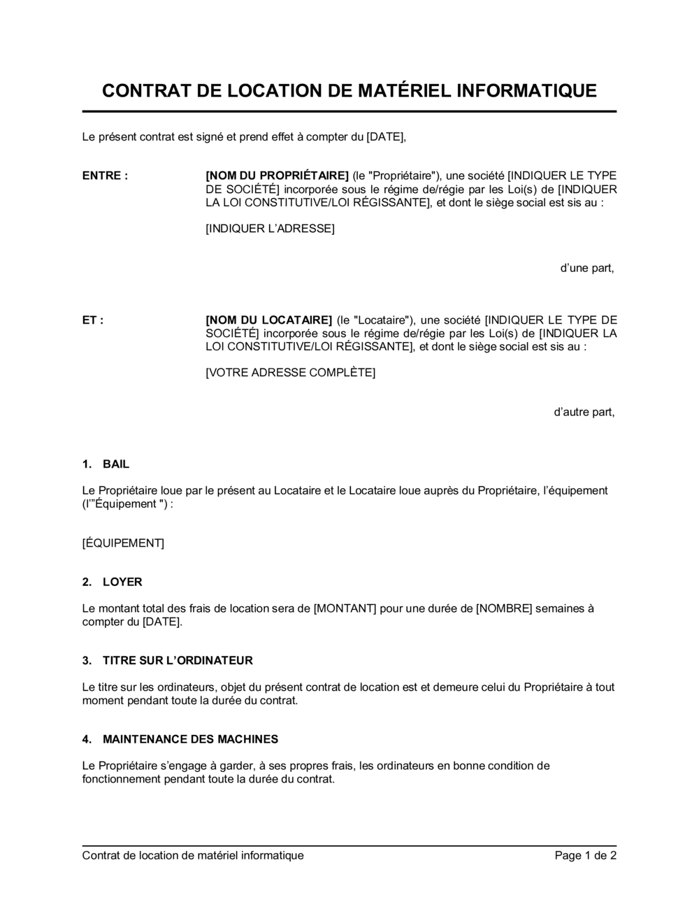 Business-in-a-Box's Contrat de location de matériel informatique