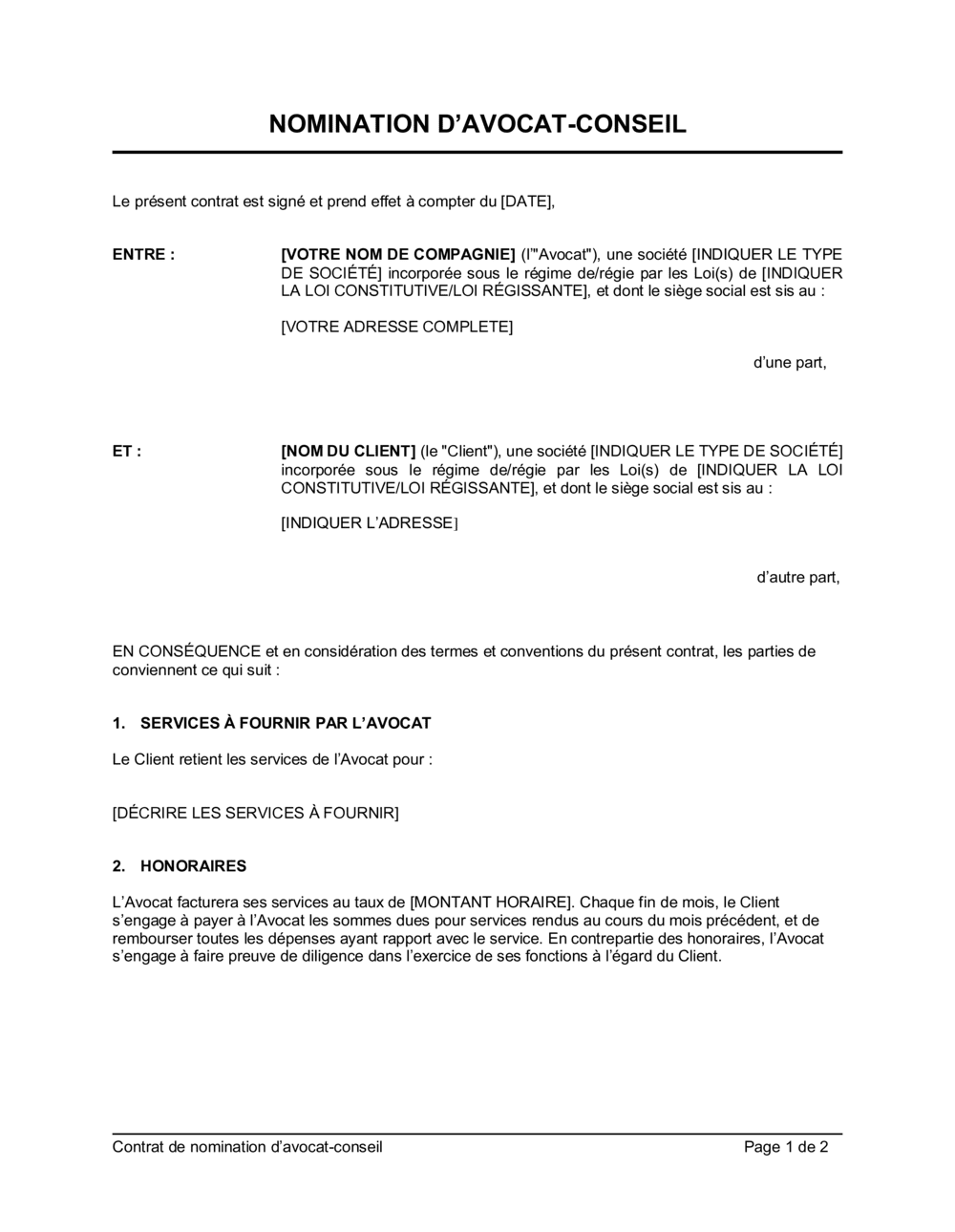 Business-in-a-Box's Contrat de nomination d'avocat-conseil