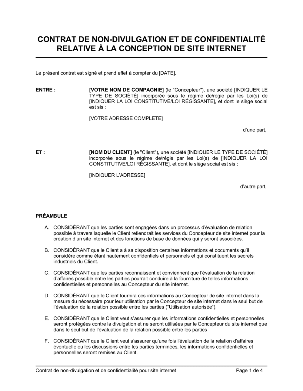 Business-in-a-Box's Contrat de non-divulgation et de confidentialité pour site Internet