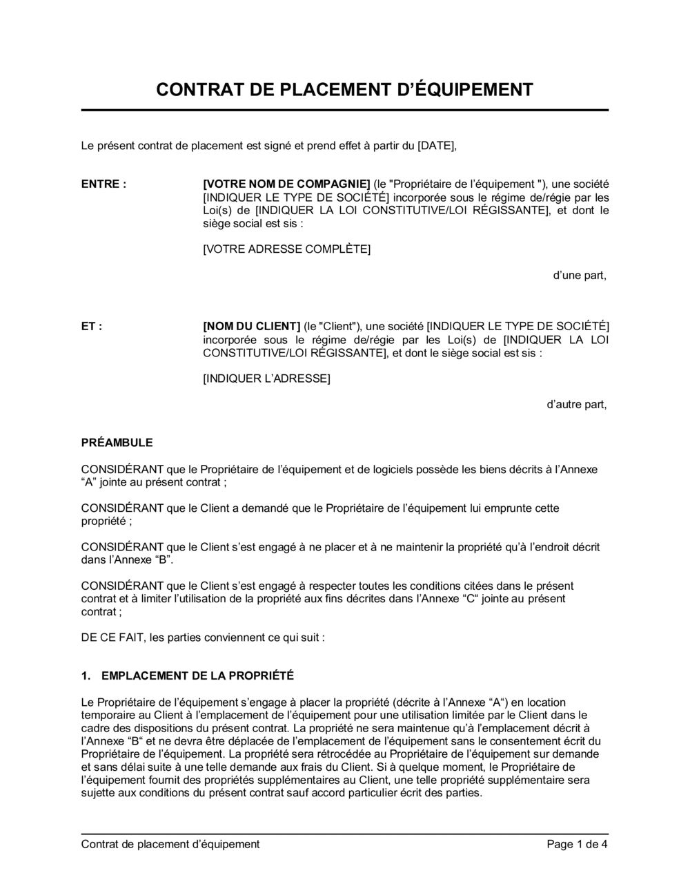 Business-in-a-Box's Contrat de placement d'équipement