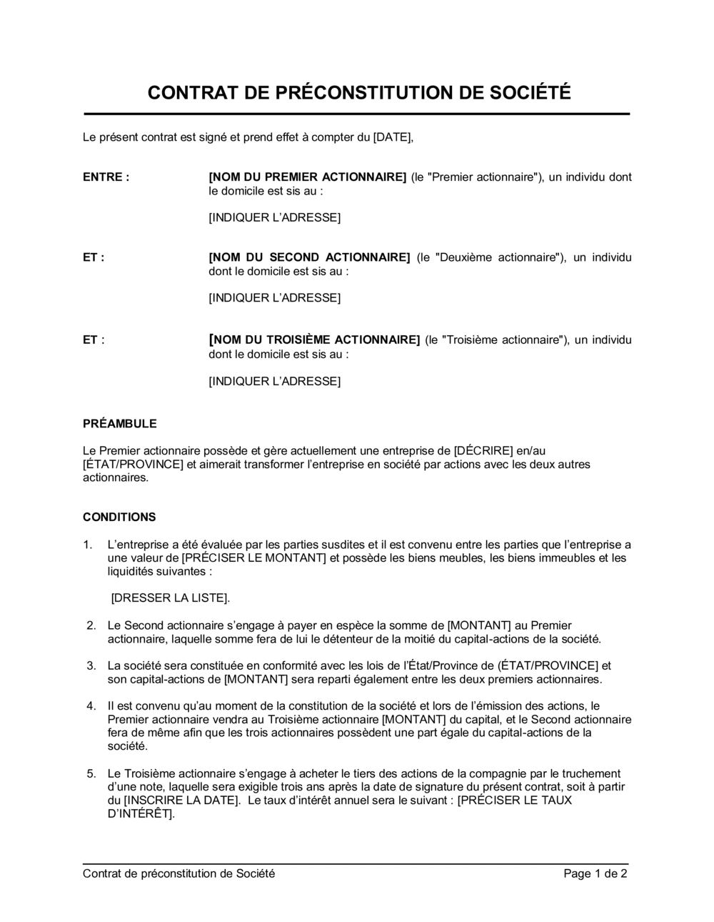 Business-in-a-Box's Contrat de préconstitution de société