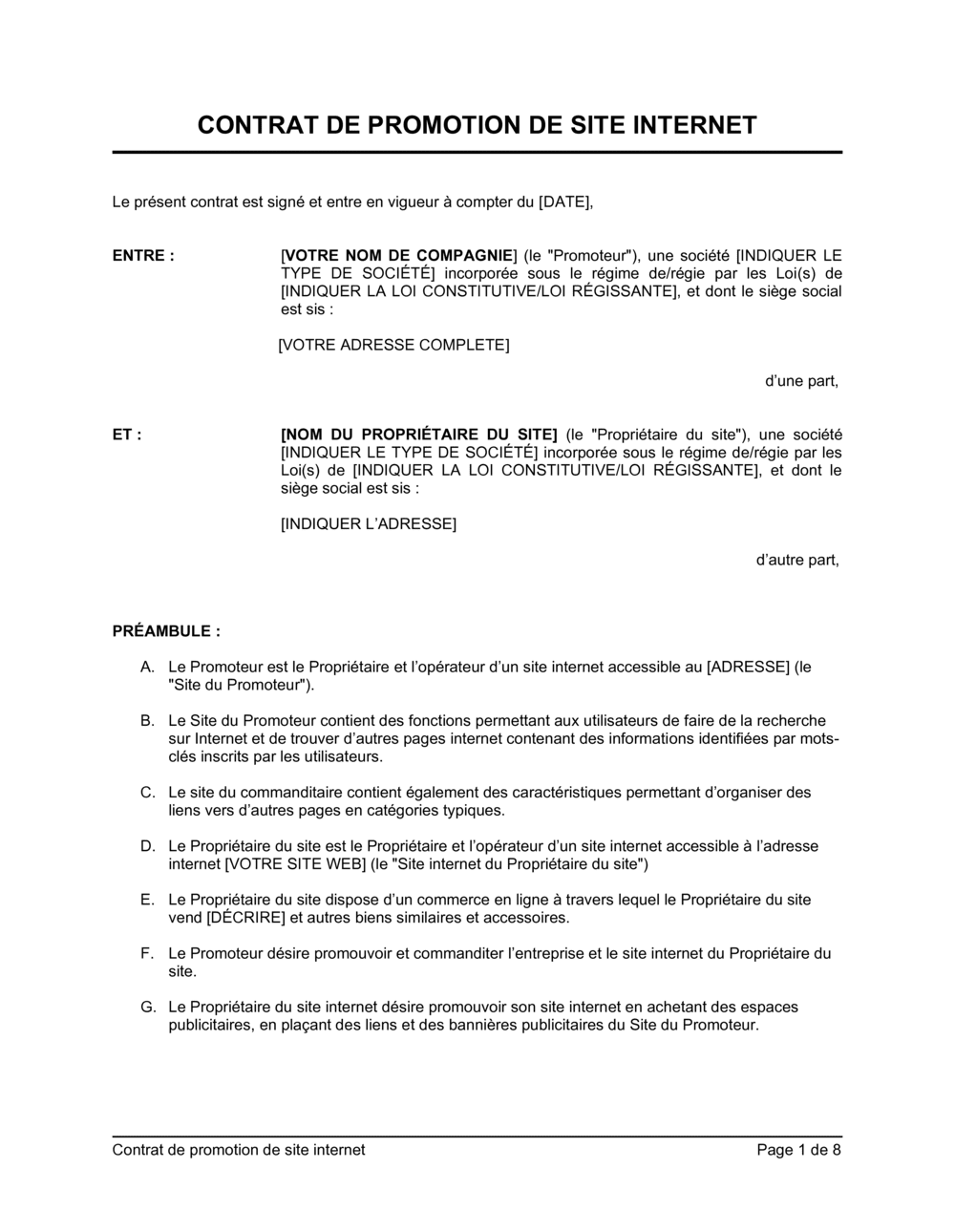 Business-in-a-Box's Contrat de promotion de site internet