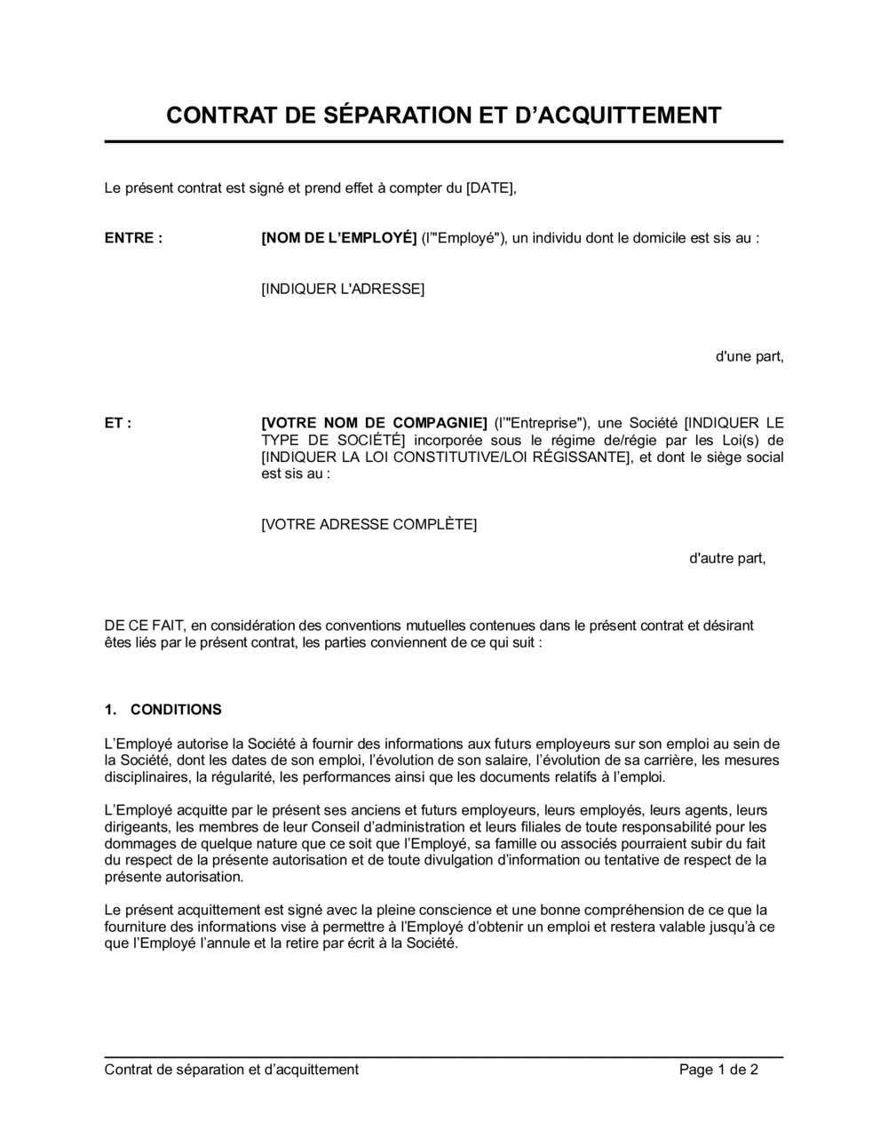 Contrat de séparation et d'acquitement