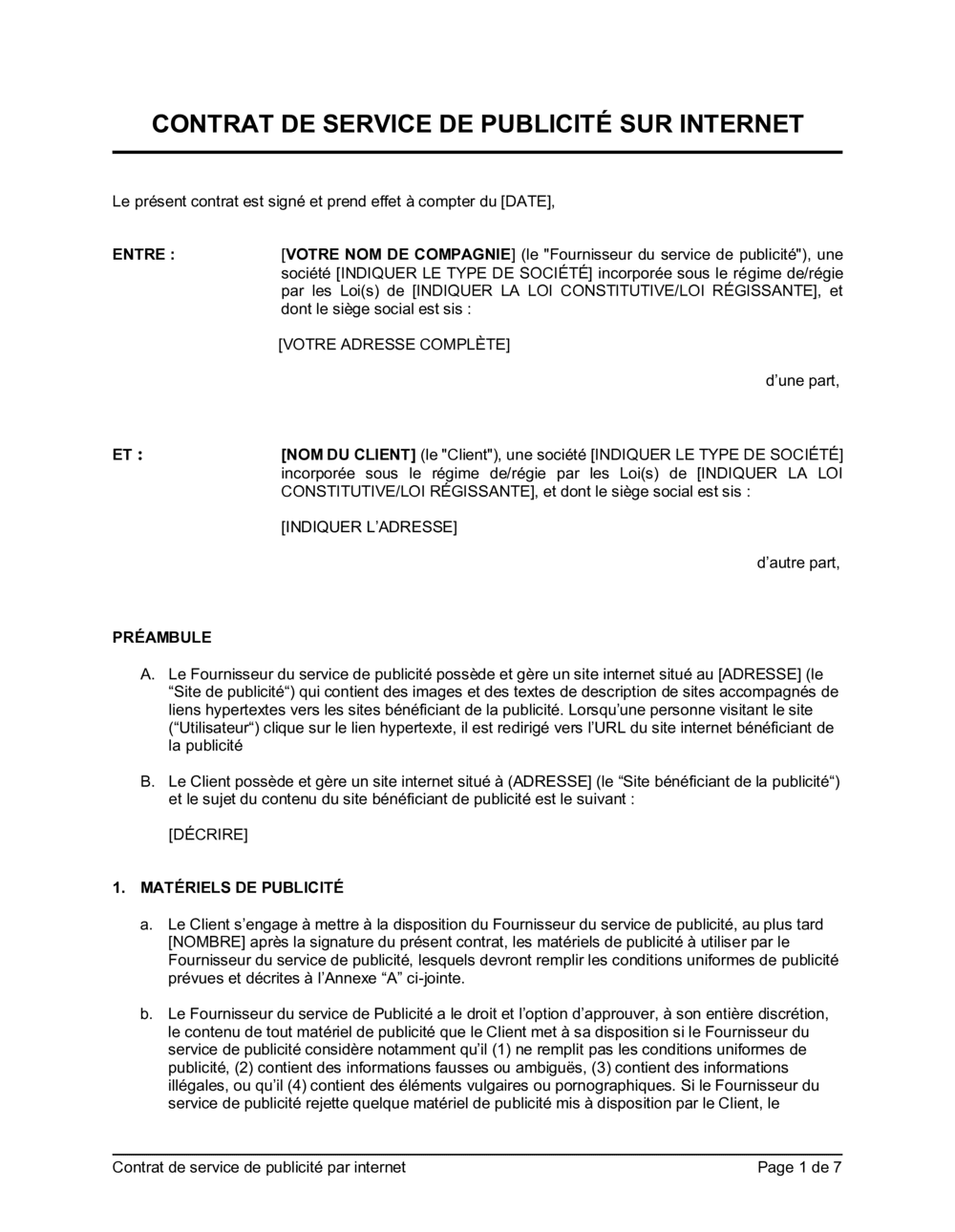 Business-in-a-Box's Contrat de service de publicité par internet