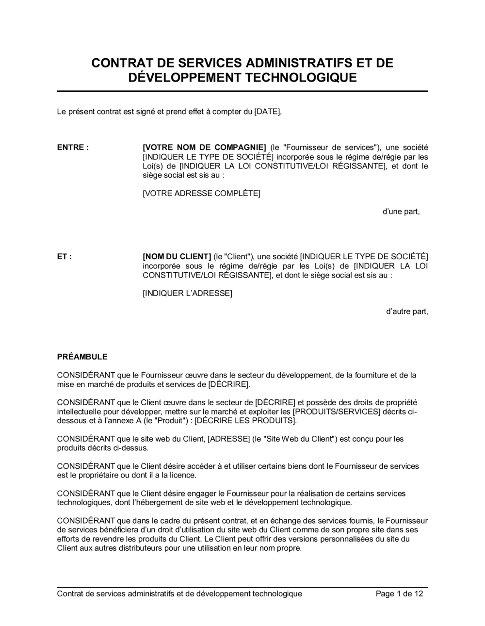 Business-in-a-Box's Contrat de services administratifs et de développement technologique