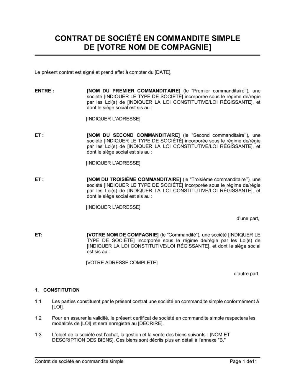Business-in-a-Box's Contrat de société en commandite simple