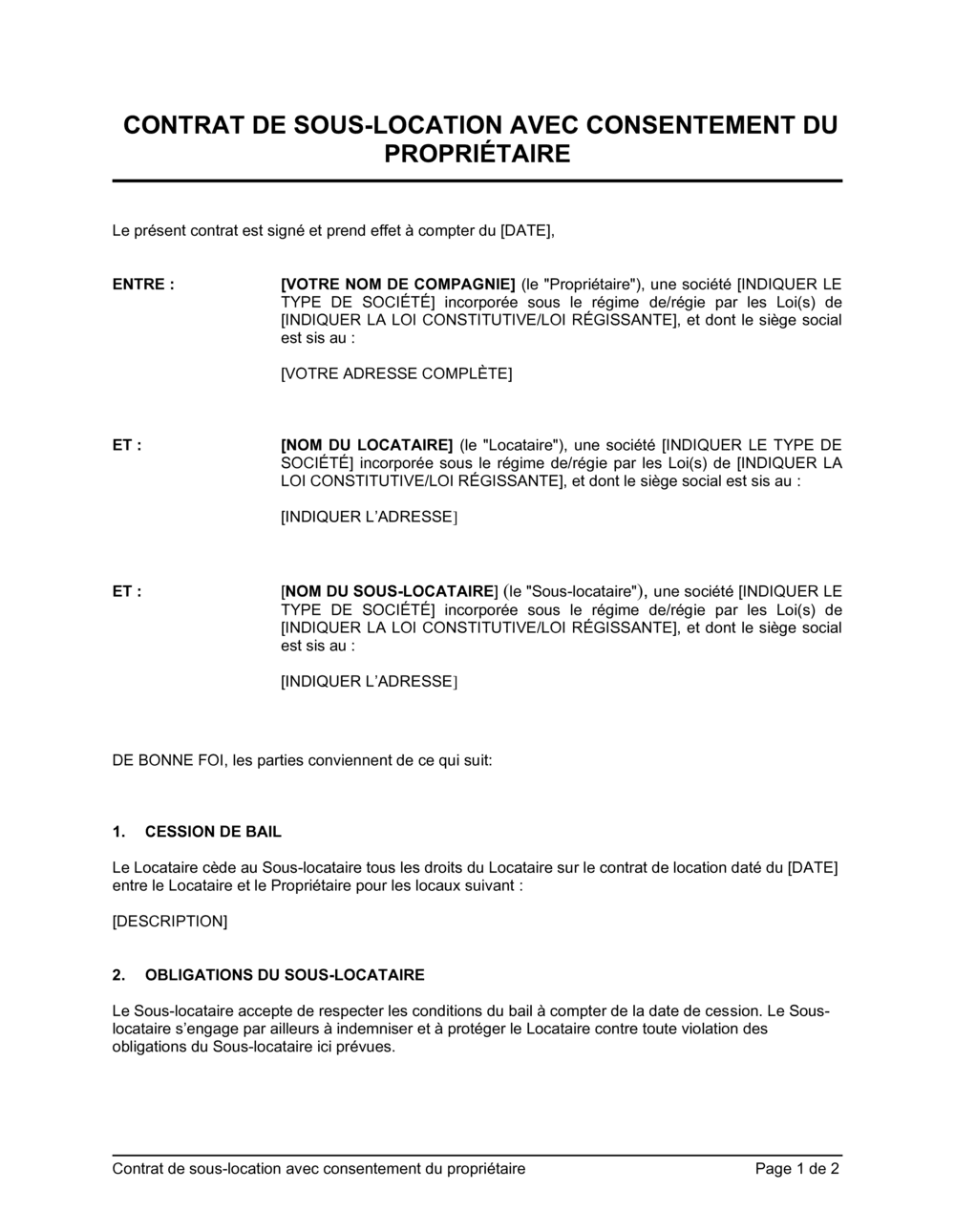 Business-in-a-Box's Contrat de sous-location avec consentement du propriétaire