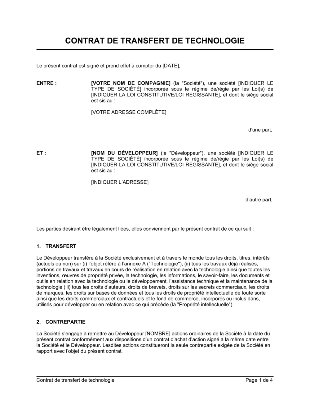 Business-in-a-Box's Contrat de transfert de technologie