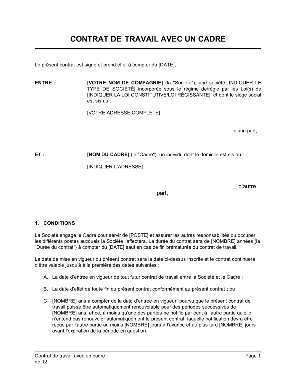 Business-in-a-Box's Contrat de travail avec un cadre